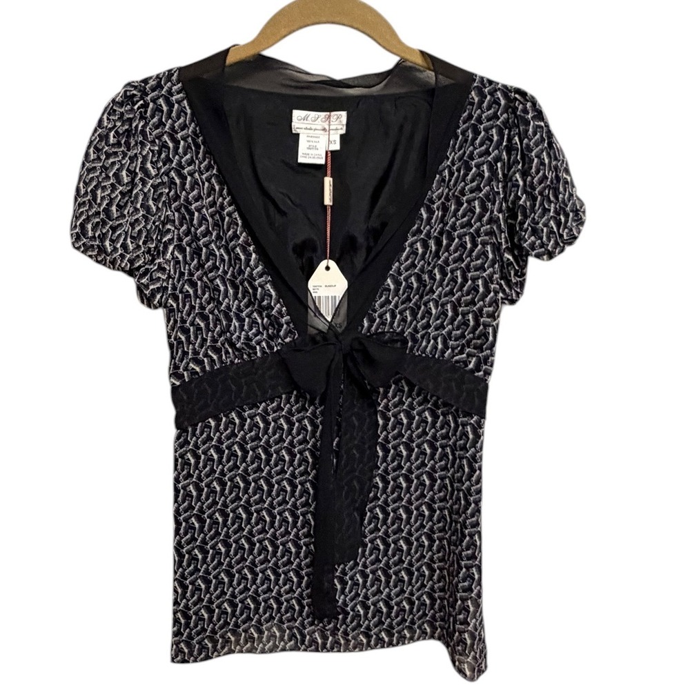 MSSP Black White‎ Silk Geometric Blouse NWT Bow Empire Waist Women's Size XS